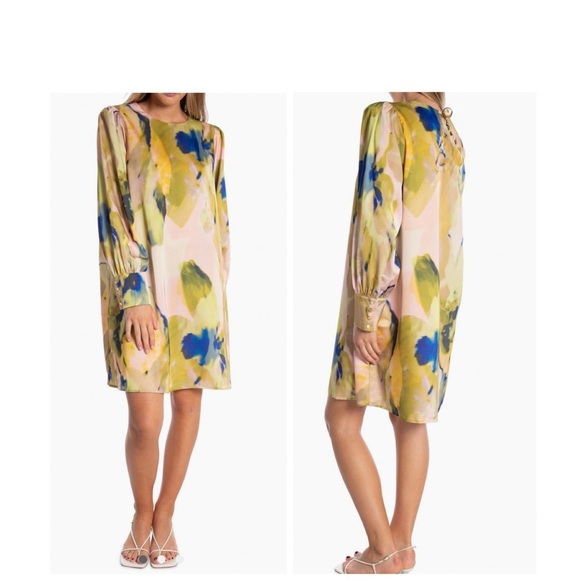 🆕Eloquii Satin Yellow and Green Sheath Dress with Bishop Sleeves 16🆕 - Picture 2 of 15